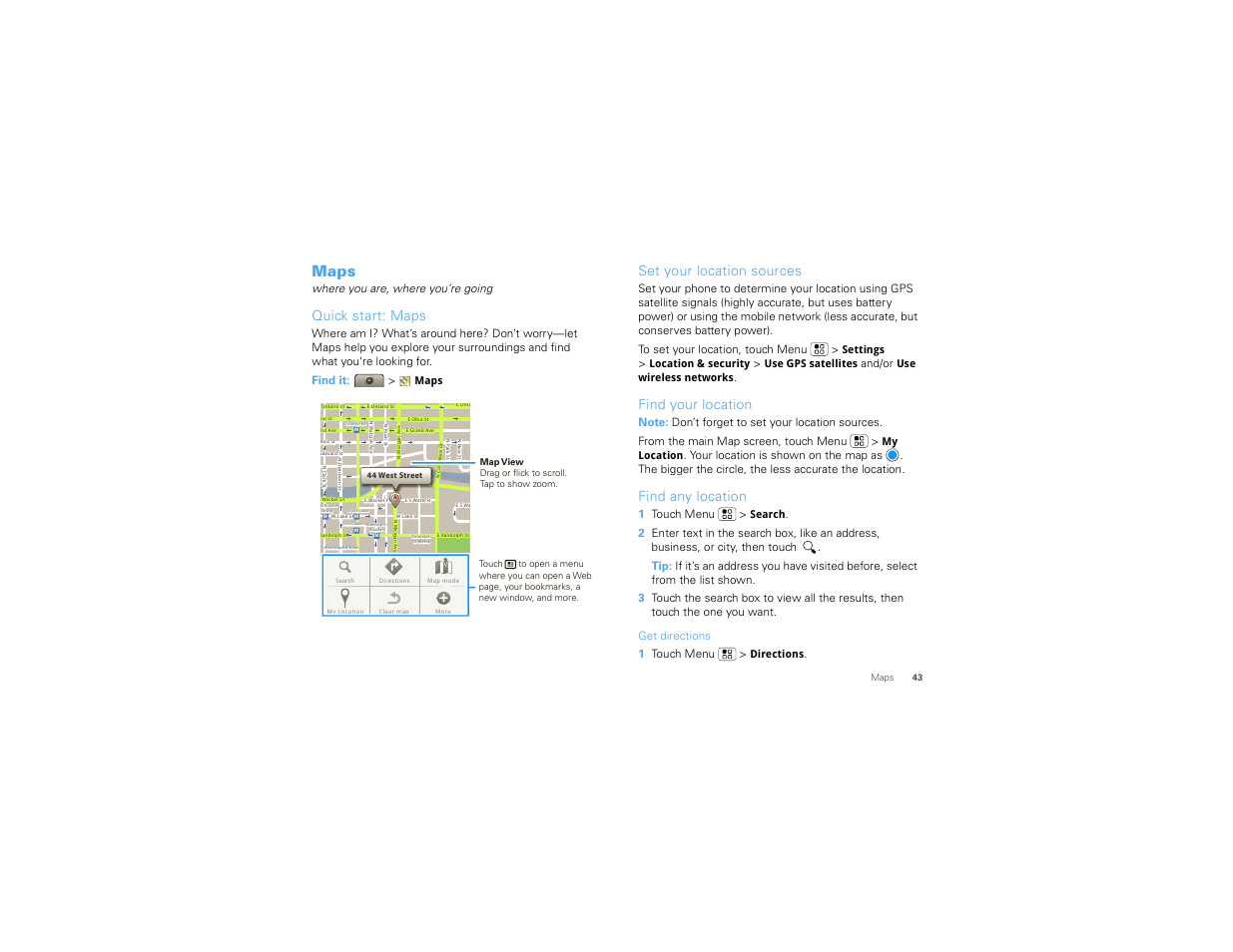 Maps, Quick start: maps, Set your location sources | Find your location, Find any location | Motorola Devour 68000202479-A User Manual | Page 45 / 73