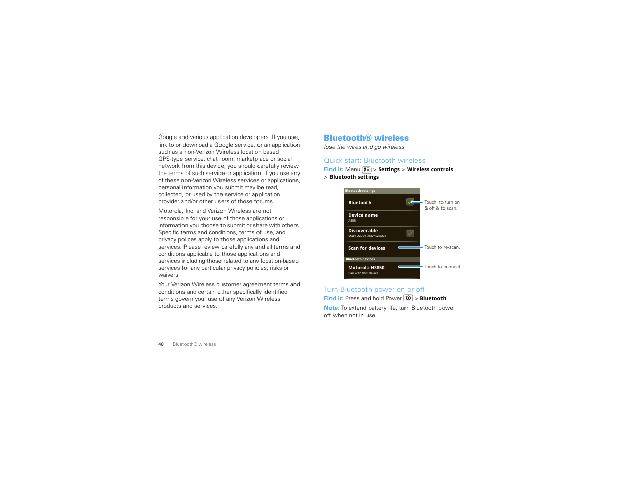 Bluetooth® wireless, Quick start: bluetooth wireless, Turn bluetooth power on or off | Motorola Devour 68000202479-A User Manual | Page 50 / 73