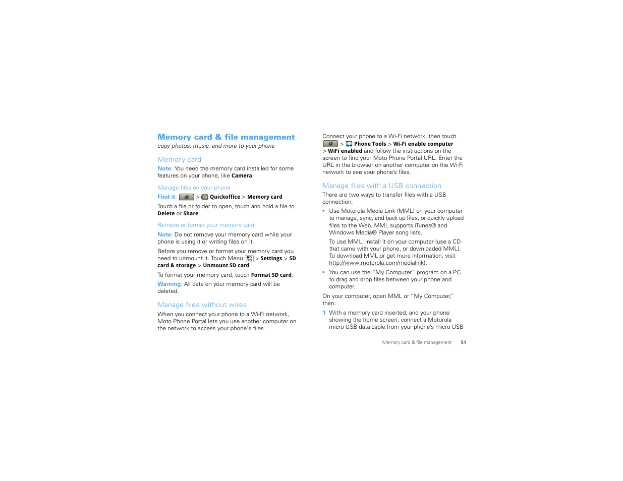 Memory card & file management, Memory card, Manage files without wires | Manage files with a usb connection | Motorola Devour 68000202479-A User Manual | Page 53 / 73