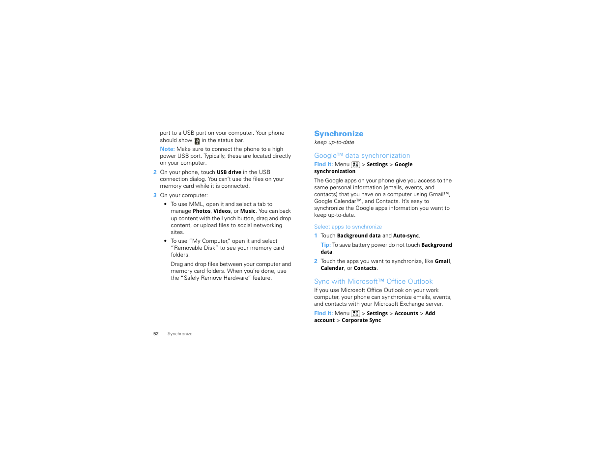 Synchronize, Google™ data synchronization, Sync with microsoft™ office outlook | Motorola Devour 68000202479-A User Manual | Page 54 / 73