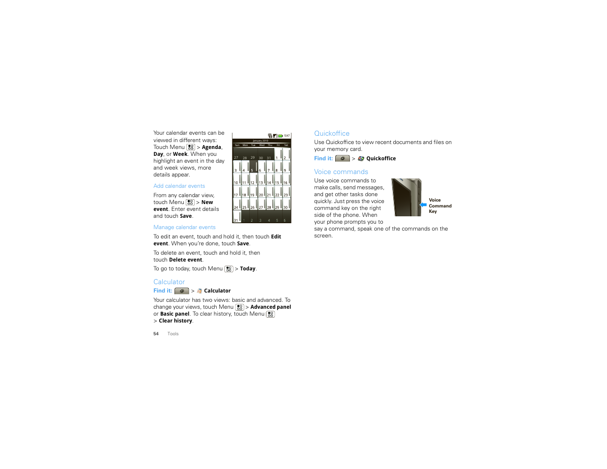 Calculator, Quickoffice, Voice commands | Motorola Devour 68000202479-A User Manual | Page 56 / 73