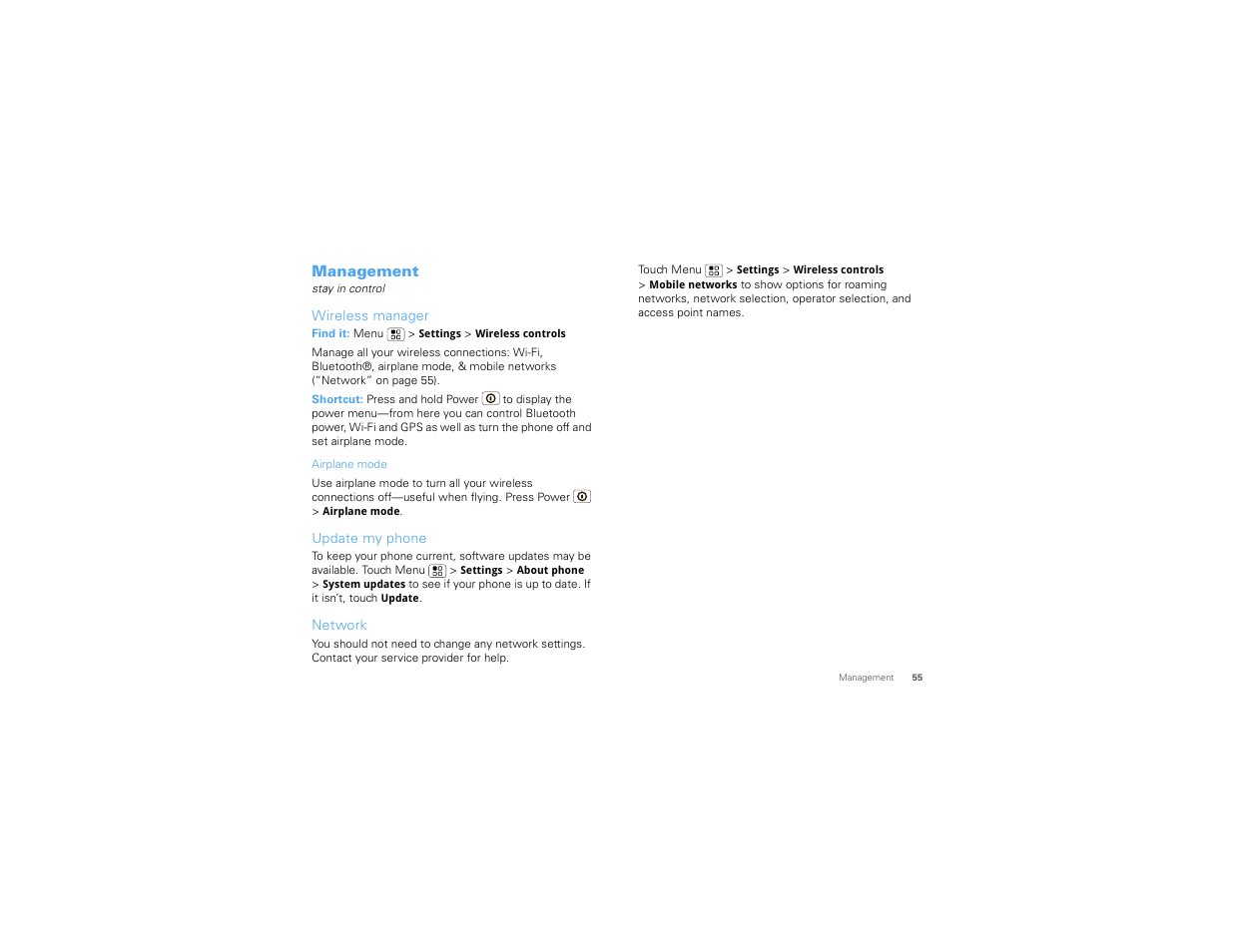 Management, Wireless manager, Update my phone | Network | Motorola Devour 68000202479-A User Manual | Page 57 / 73