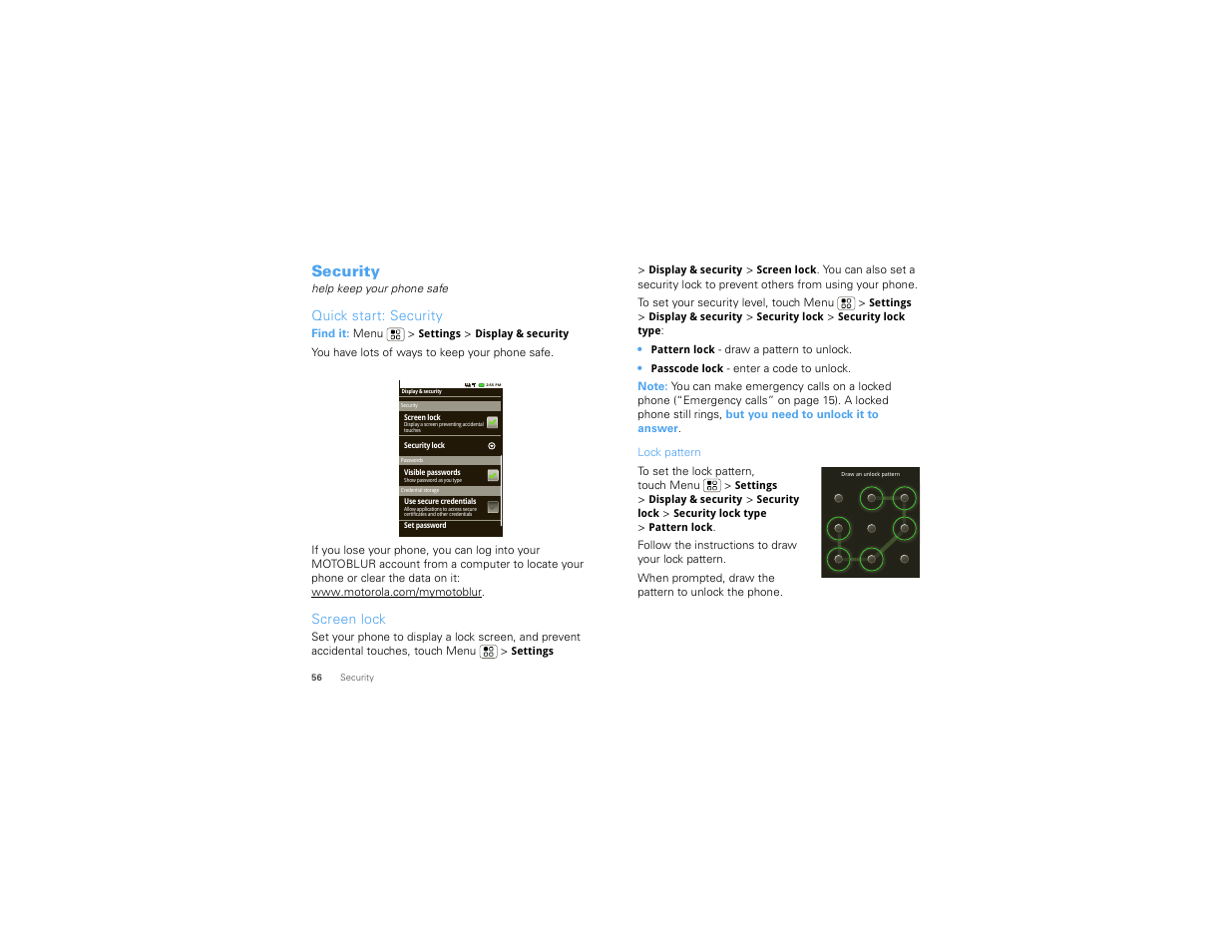 Security, Quick start: security, Screen lock | Motorola Devour 68000202479-A User Manual | Page 58 / 73