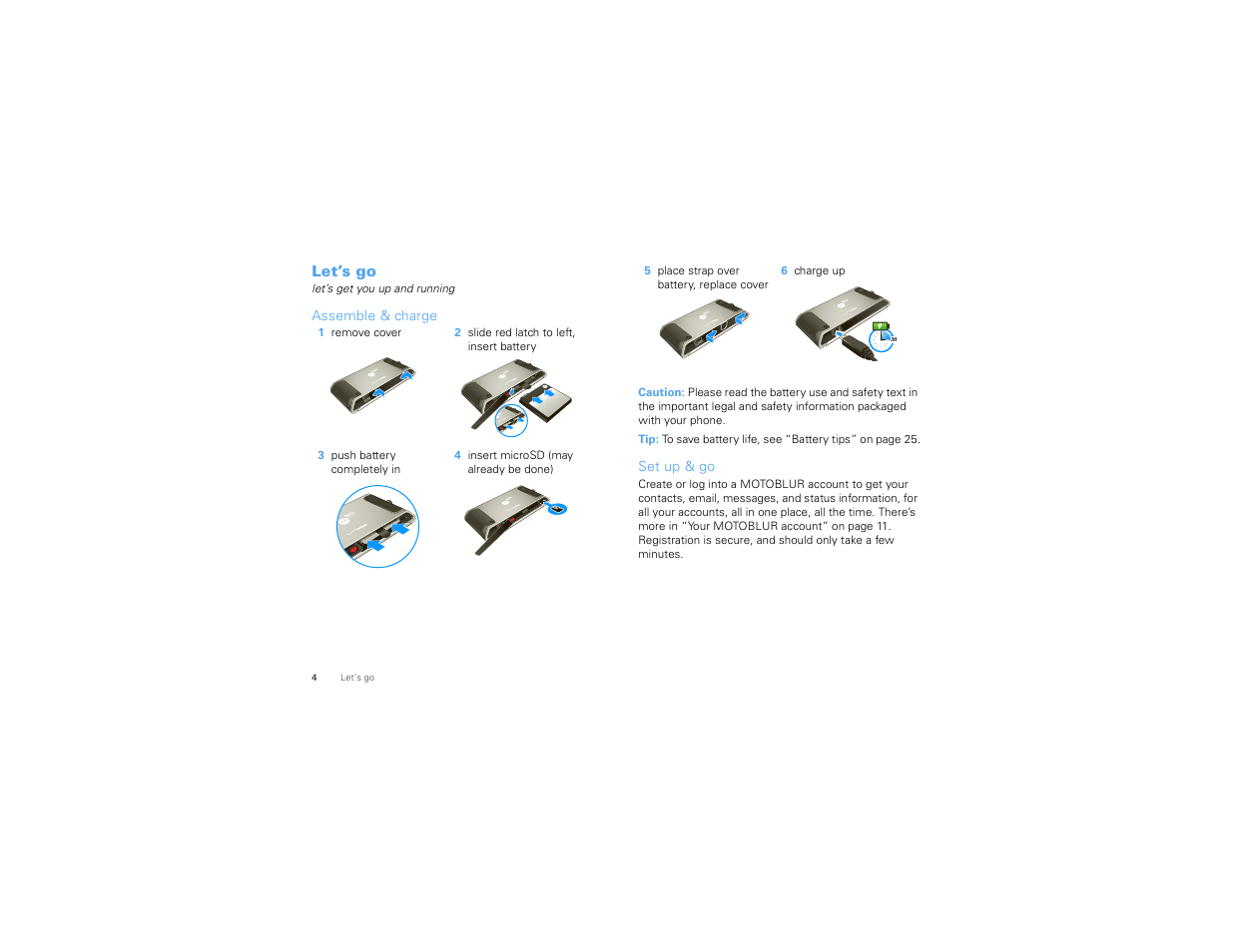 Let’s go, Assemble & charge, Set up & go | Motorola Devour 68000202479-A User Manual | Page 6 / 73
