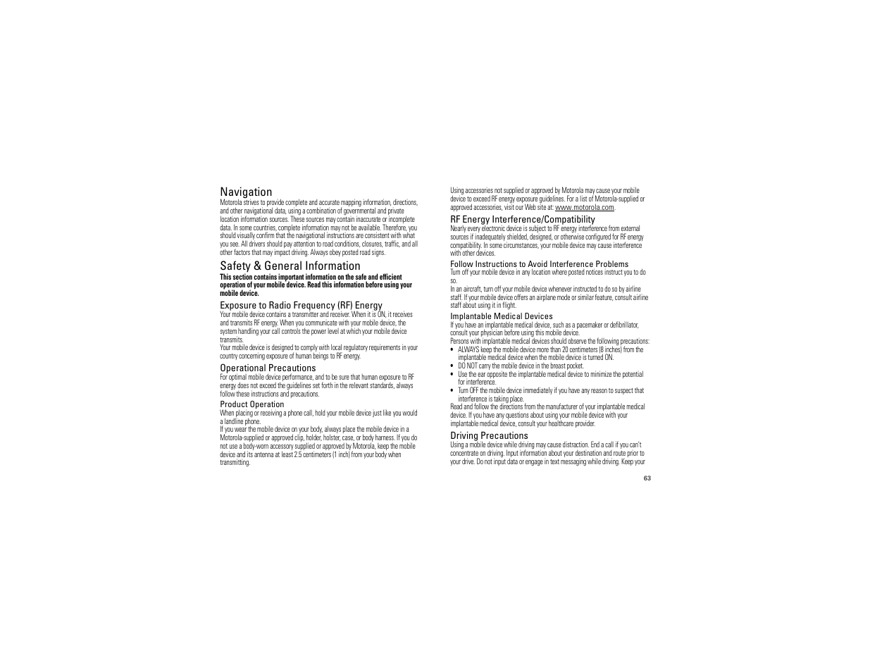 Navigation, Safety information, Safety & general information | Motorola Devour 68000202479-A User Manual | Page 65 / 73