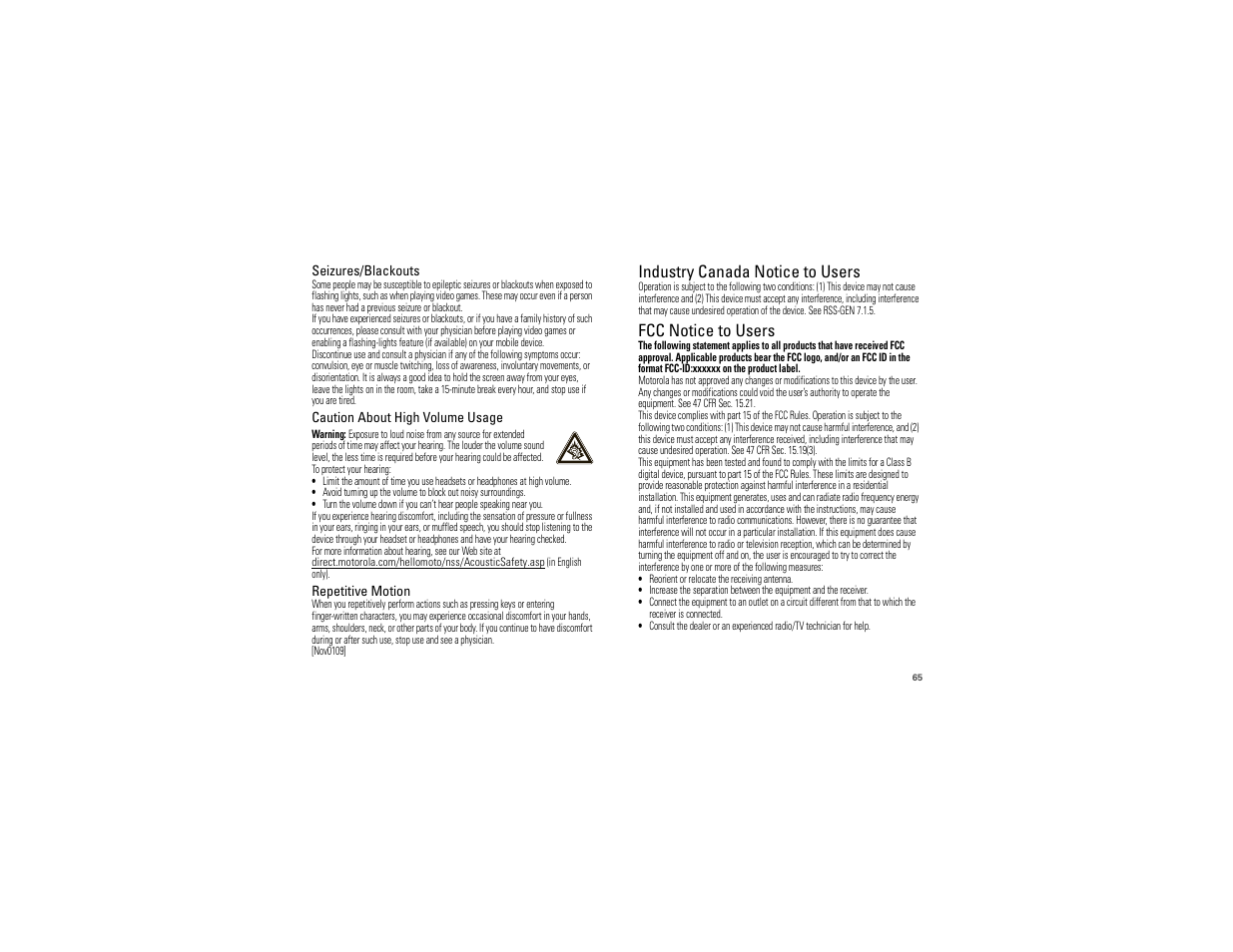 Industry canada notice, Fcc notice, Industry canada notice to users | Fcc notice to users | Motorola Devour 68000202479-A User Manual | Page 67 / 73