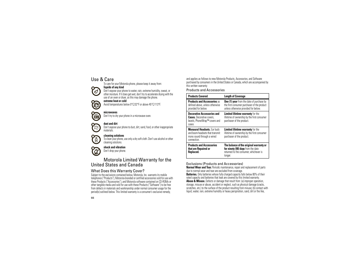 Use & care, Warranty | Motorola Devour 68000202479-A User Manual | Page 68 / 73