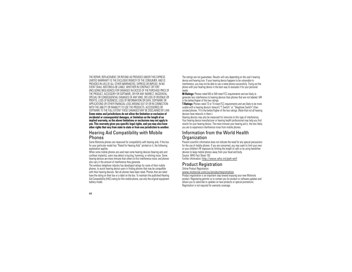 Hearing aid compatibility, Who information, Registration | Hearing aid compatibility with mobile phones, Information from the world health organization, Product registration | Motorola Devour 68000202479-A User Manual | Page 70 / 73