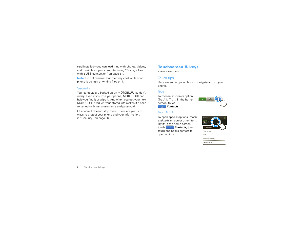 Security, Touchscreen & keys, Touch tips | Motorola Devour 68000202479-A User Manual | Page 8 / 73