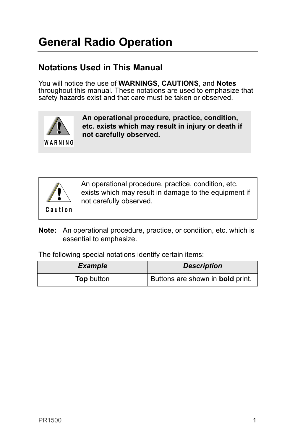 General radio operation, Notations used in this manual | Motorola PR1500 User Manual | Page 11 / 70