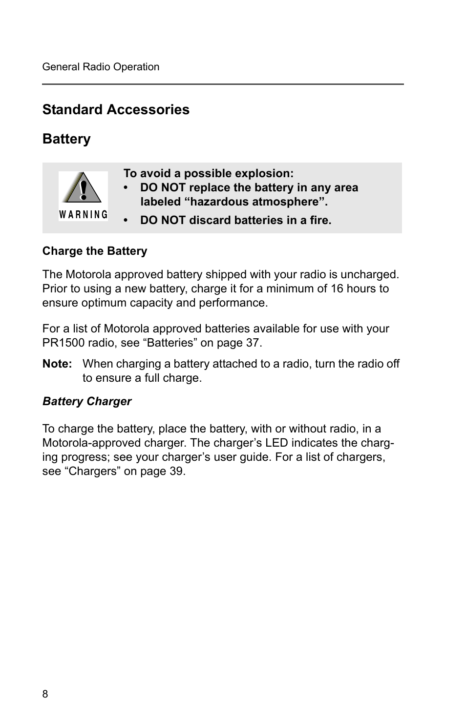 Standard accessories, Battery | Motorola PR1500 User Manual | Page 18 / 70