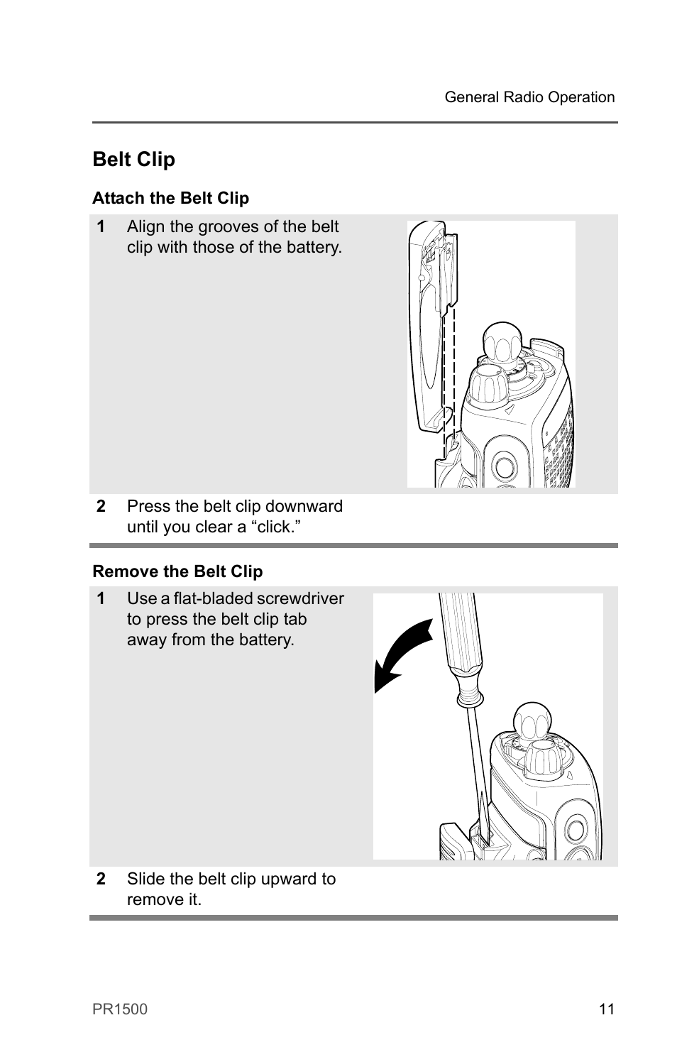 Belt clip | Motorola PR1500 User Manual | Page 21 / 70