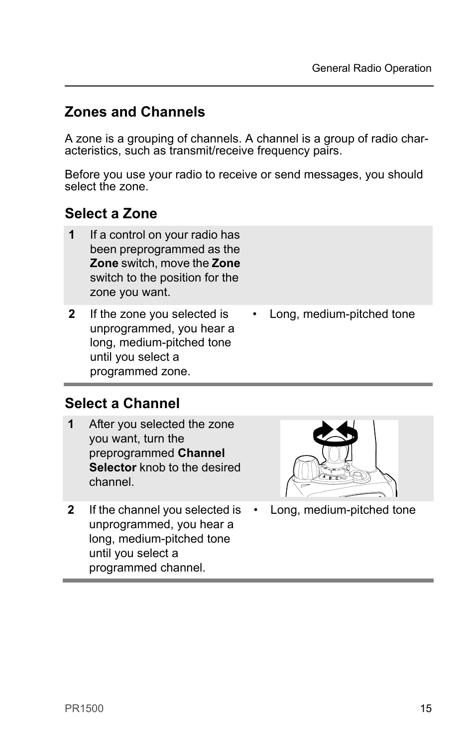 Zones and channels, Select a zone, Select a channel | Select a zone select a channel | Motorola PR1500 User Manual | Page 25 / 70