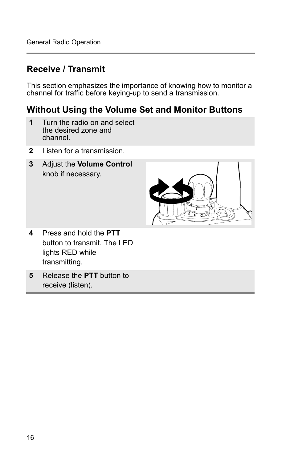 Receive / transmit, Without using the volume set and monitor buttons | Motorola PR1500 User Manual | Page 26 / 70