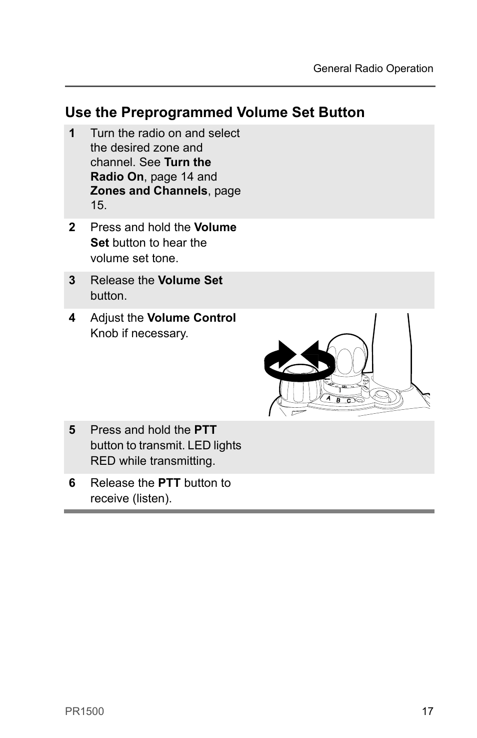 Use the preprogrammed volume set button | Motorola PR1500 User Manual | Page 27 / 70