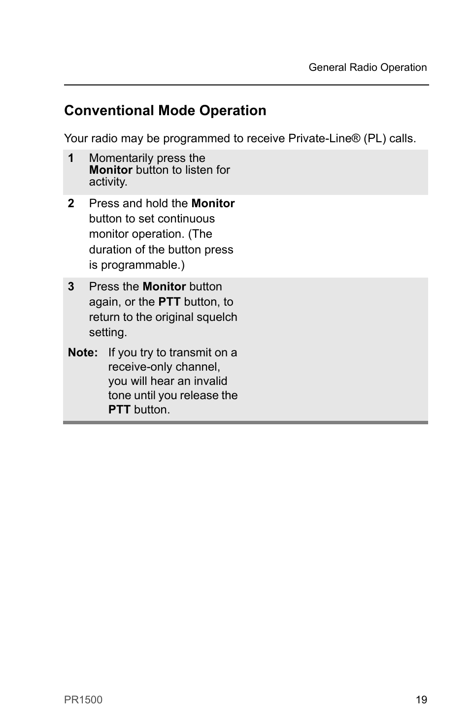 Conventional mode operation | Motorola PR1500 User Manual | Page 29 / 70