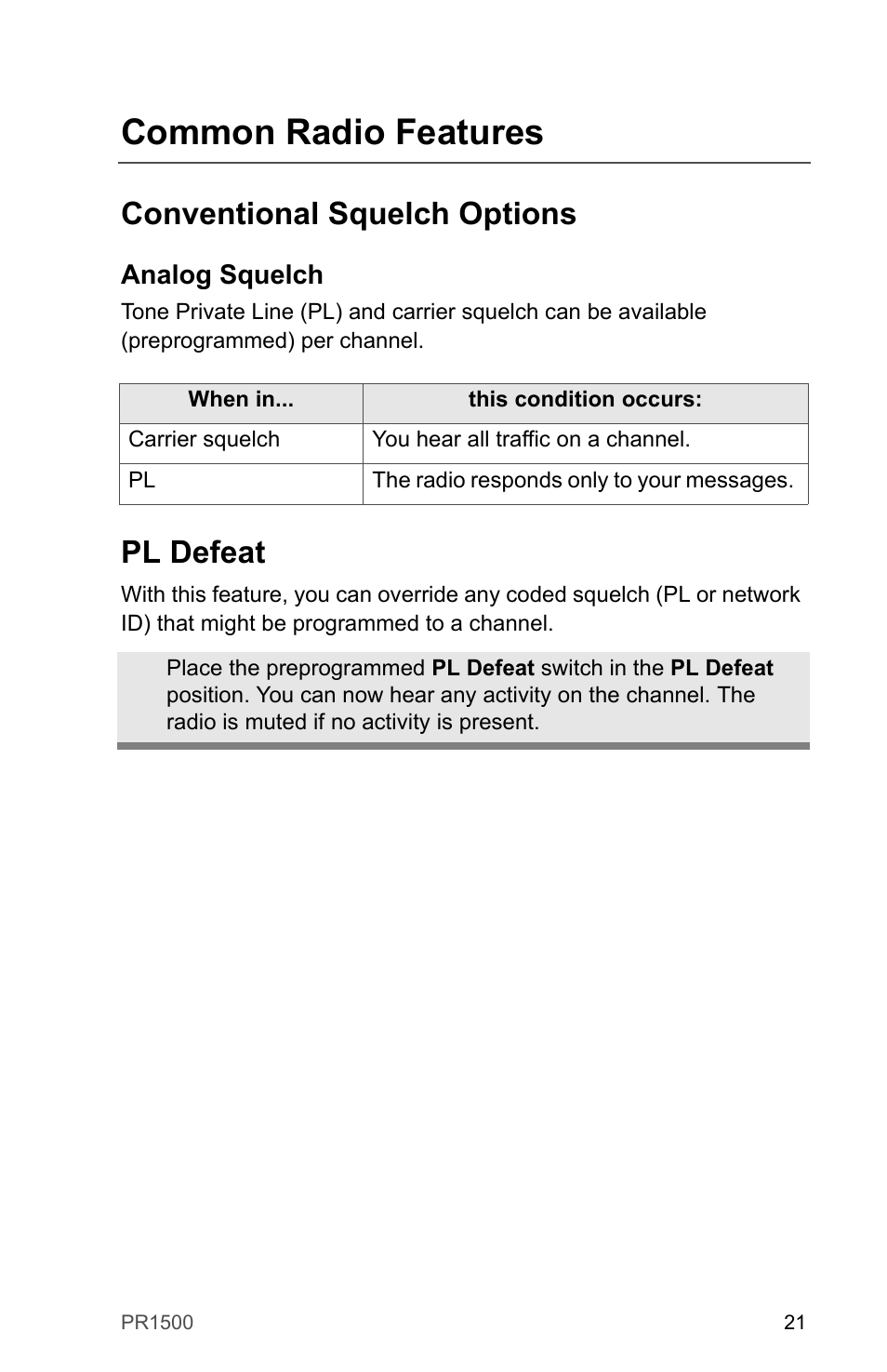 Common radio features, Conventional squelch options, Analog squelch | Pl defeat | Motorola PR1500 User Manual | Page 31 / 70