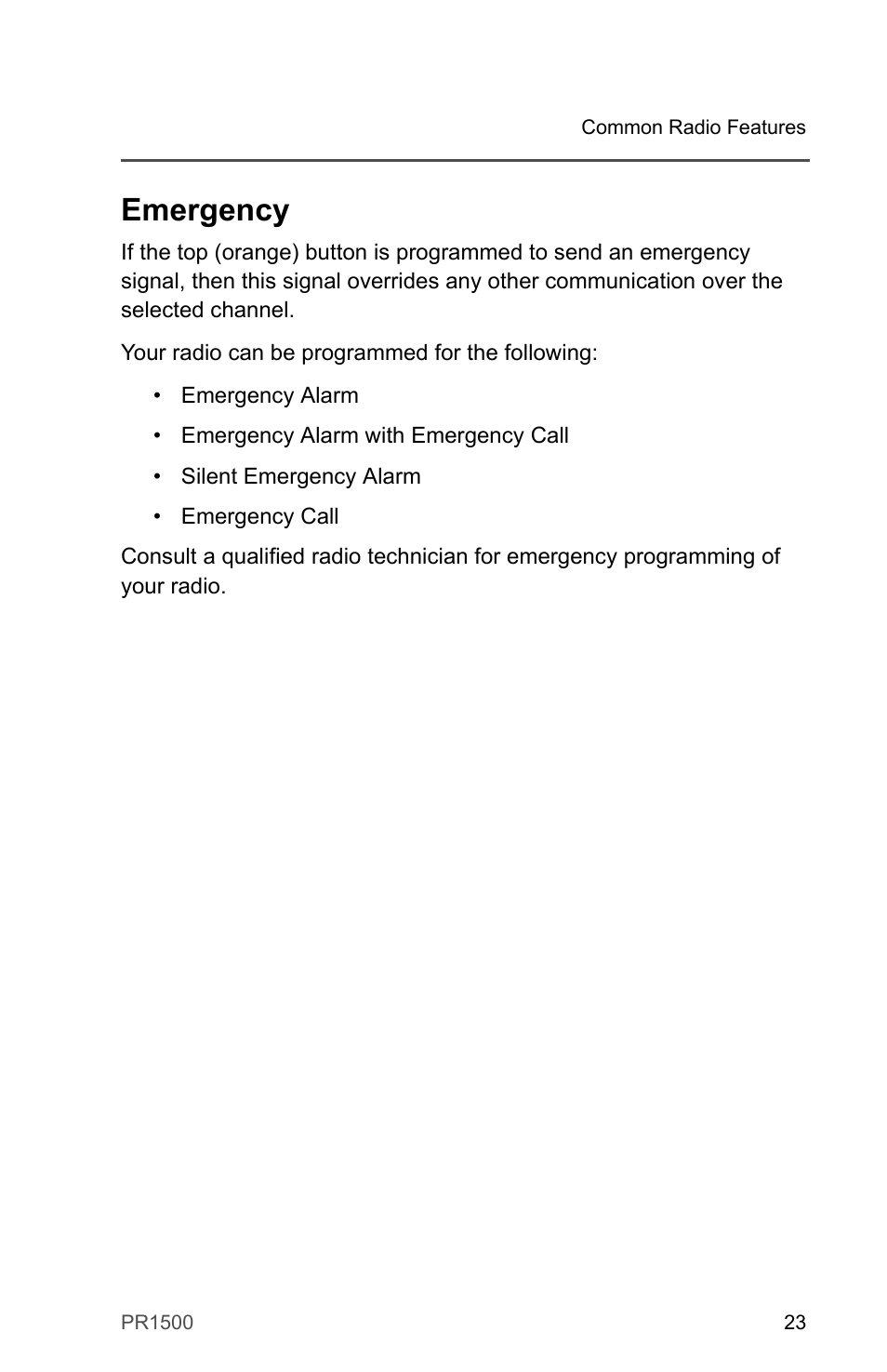 Emergency | Motorola PR1500 User Manual | Page 33 / 70