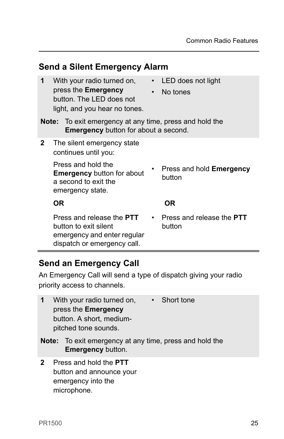 Send a silent emergency alarm, Send an emergency call | Motorola PR1500 User Manual | Page 35 / 70