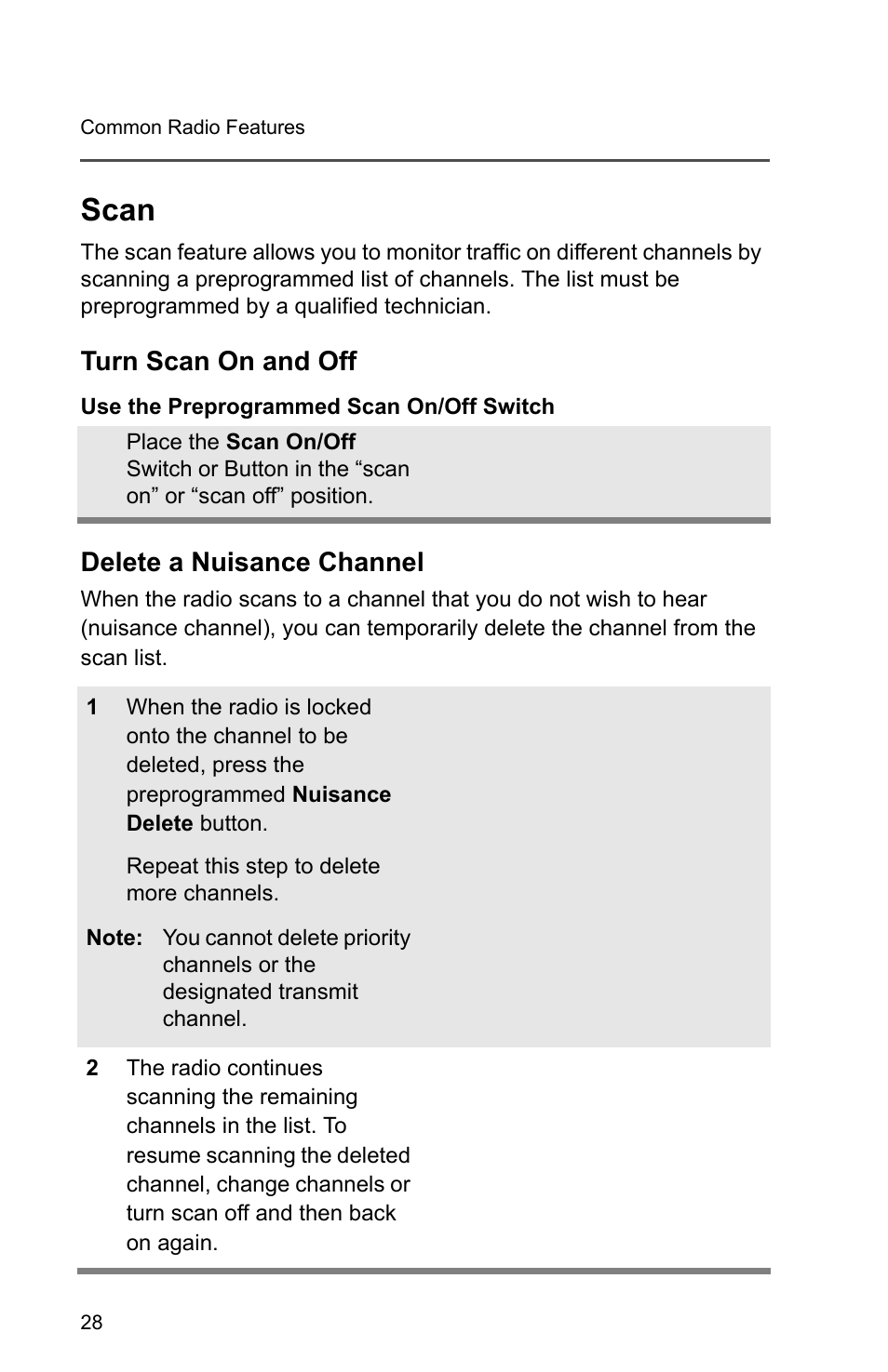 Scan, Turn scan on and off, Delete a nuisance channel | Motorola PR1500 User Manual | Page 38 / 70