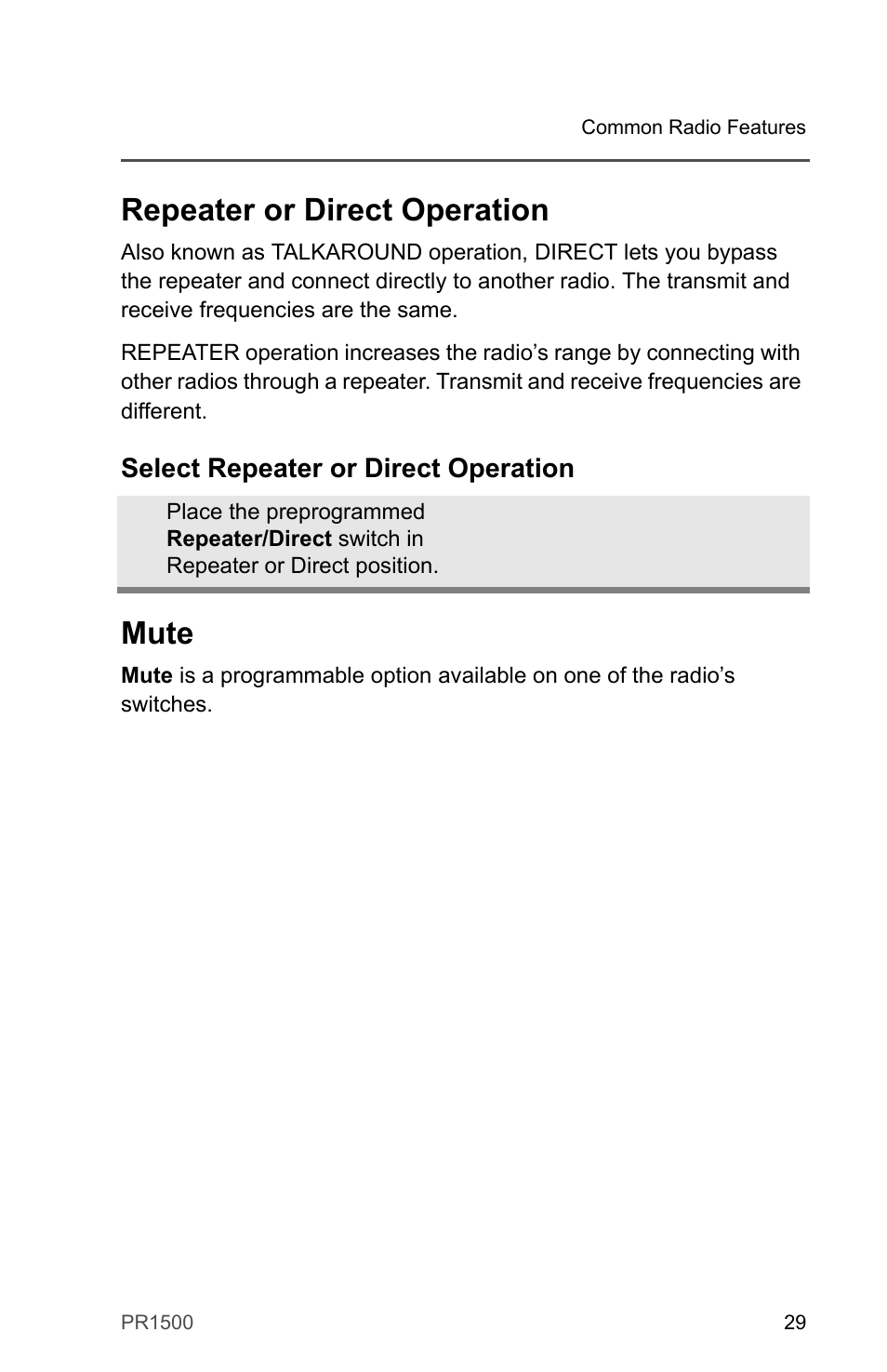 Repeater or direct operation, Select repeater or direct operation, Mute | Motorola PR1500 User Manual | Page 39 / 70