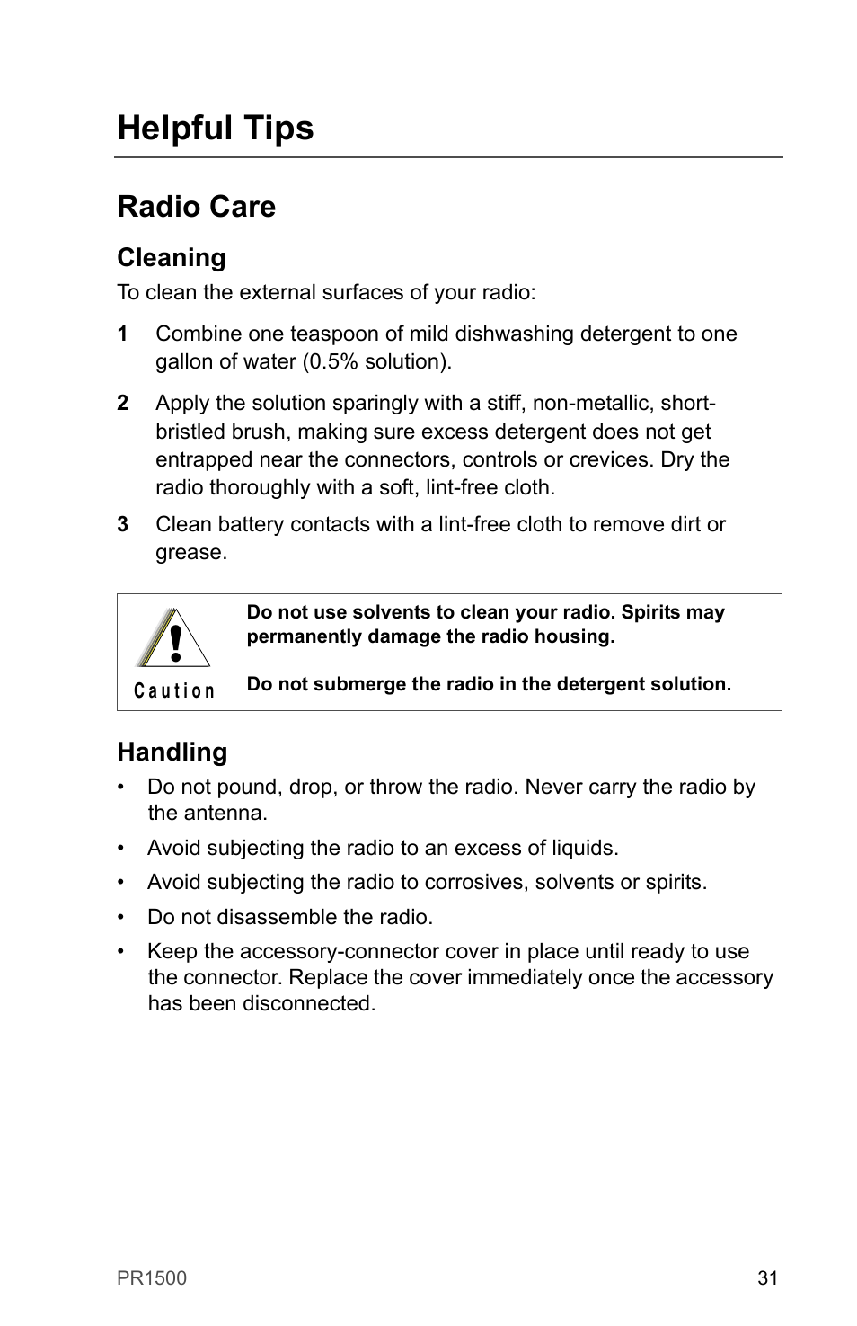 Helpful tips, Radio care, Cleaning | Handling | Motorola PR1500 User Manual | Page 41 / 70