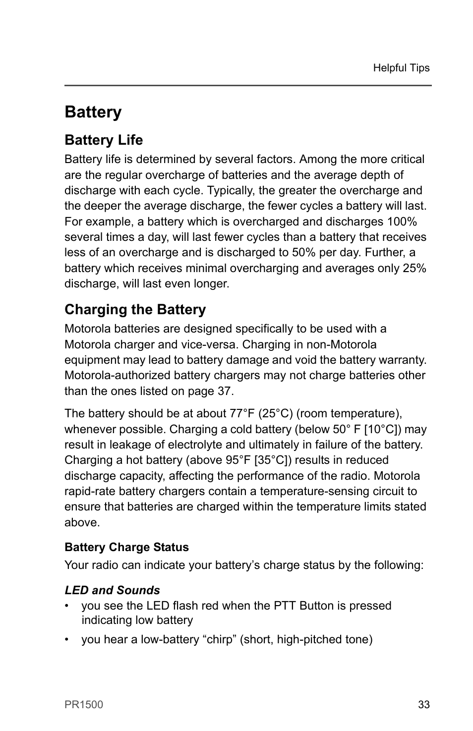 Battery, Battery life, Charging the battery | Motorola PR1500 User Manual | Page 43 / 70