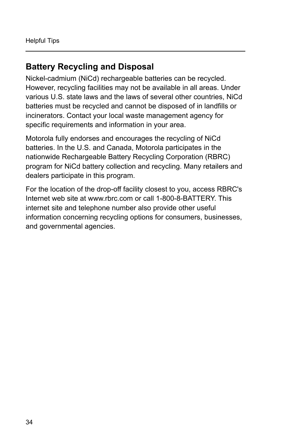 Battery recycling and disposal | Motorola PR1500 User Manual | Page 44 / 70