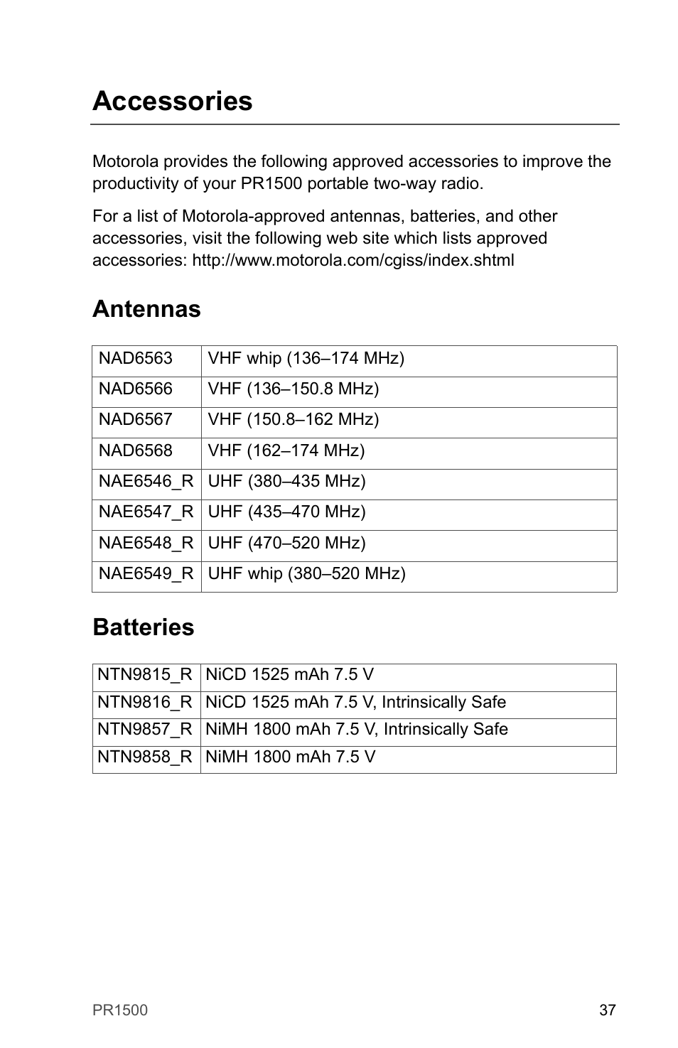 Accessories, Antennas, Batteries | Antennas batteries | Motorola PR1500 User Manual | Page 47 / 70