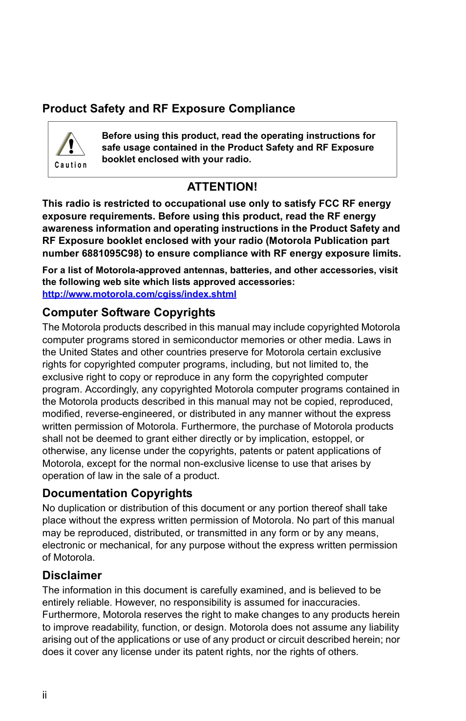 Product safety and rf exposure compliance, Computer software copyrights, Documentation copyrights | Disclaimer | Motorola PR1500 User Manual | Page 6 / 70