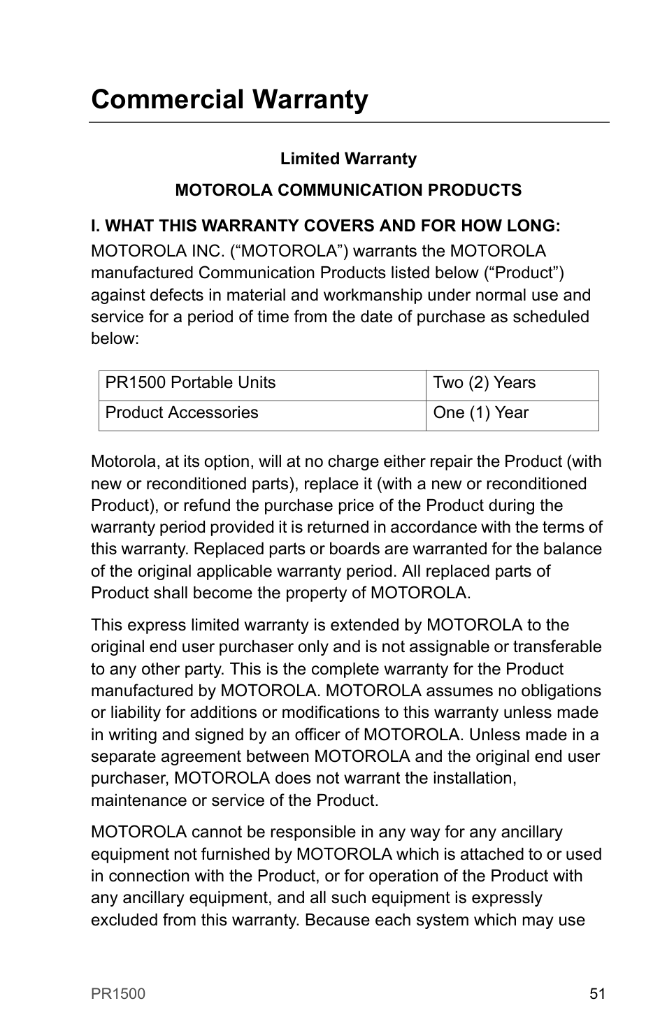 Commercial warranty | Motorola PR1500 User Manual | Page 61 / 70