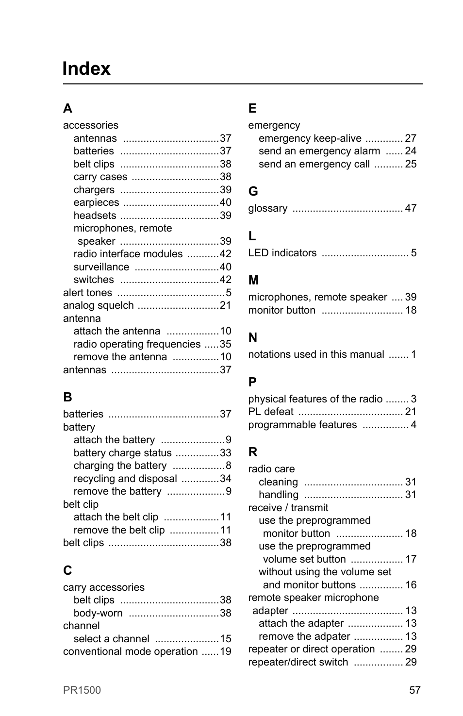 Index | Motorola PR1500 User Manual | Page 67 / 70