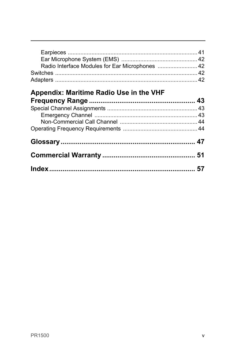 Switches 42, Adapters 42, Special channel assignments 43 | Operating frequency requirements 44, Glossary 47, Commercial warranty 51, Index 57, Glossary commercial warranty index | Motorola PR1500 User Manual | Page 9 / 70