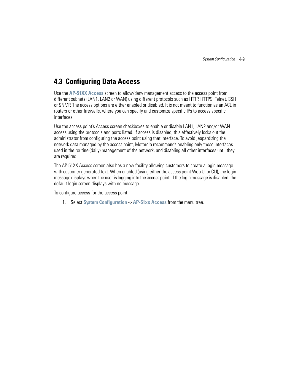 3 configuring data access, Configuring data access -9, Configuring data access | Motorola AP-51XX User Manual | Page 101 / 698