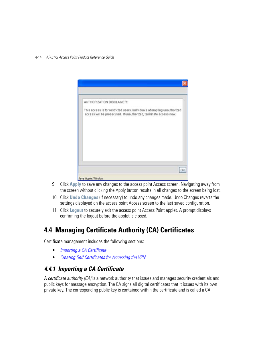 4 managing certificate authority (ca) certificates, 1 importing a ca certificate, Importing a ca certificate -14 | Managing certificate authority (ca) certificates | Motorola AP-51XX User Manual | Page 106 / 698