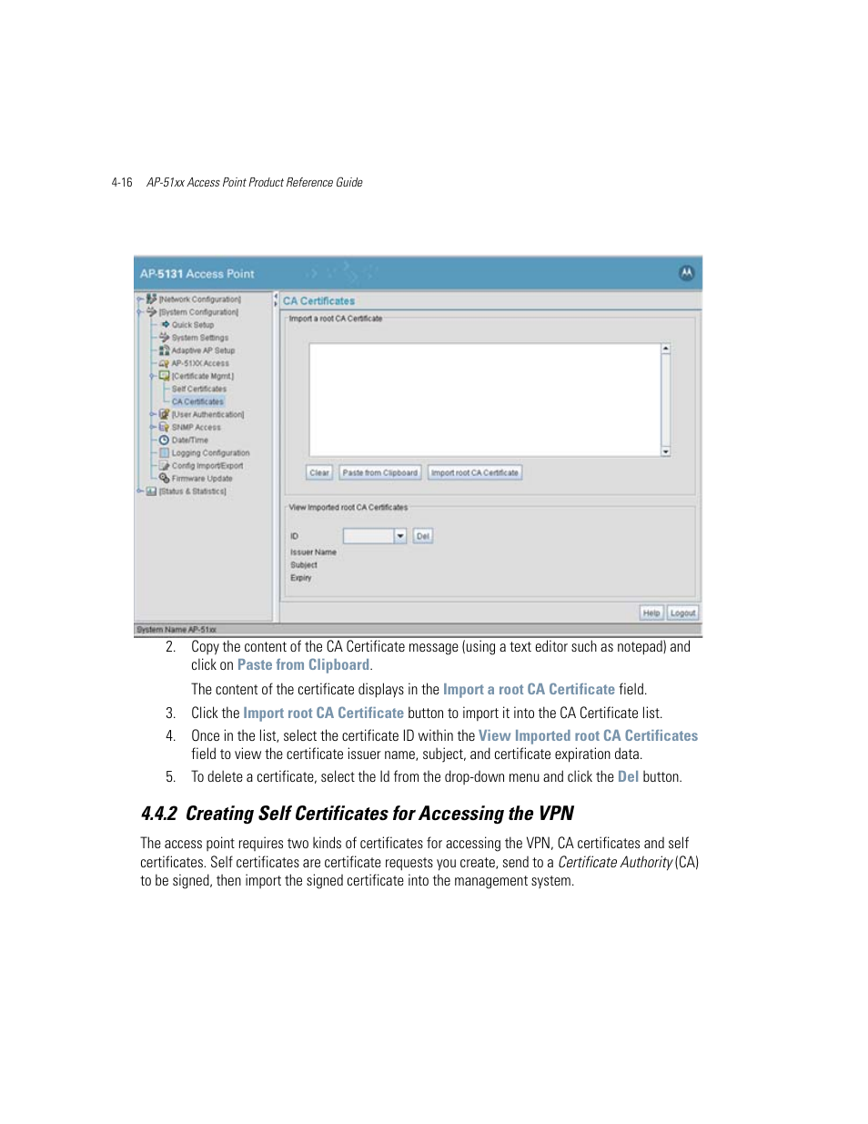 2 creating self certificates for accessing the vpn | Motorola AP-51XX User Manual | Page 108 / 698