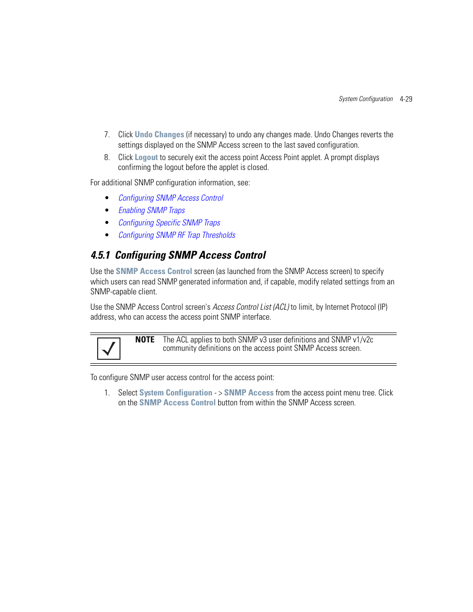 1 configuring snmp access control, Configuring snmp access control -29 | Motorola AP-51XX User Manual | Page 121 / 698