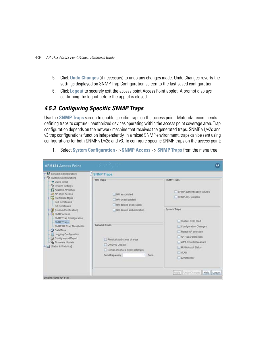 3 configuring specific snmp traps, Configuring specific snmp traps -34, Configuring specific snmp traps | Motorola AP-51XX User Manual | Page 126 / 698