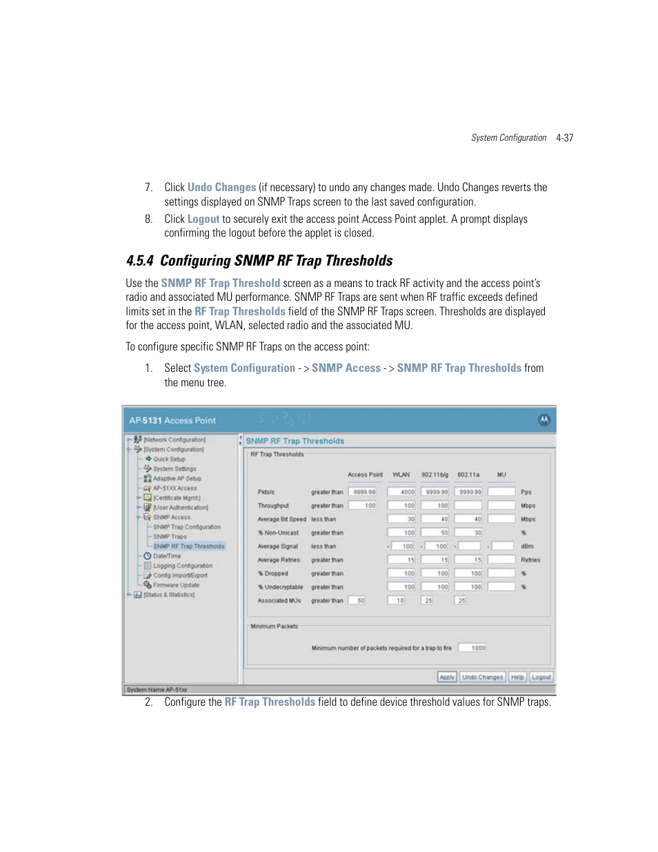 4 configuring snmp rf trap thresholds, Configuring snmp rf trap thresholds -37, Configuring snmp rf trap thresholds | Motorola AP-51XX User Manual | Page 129 / 698