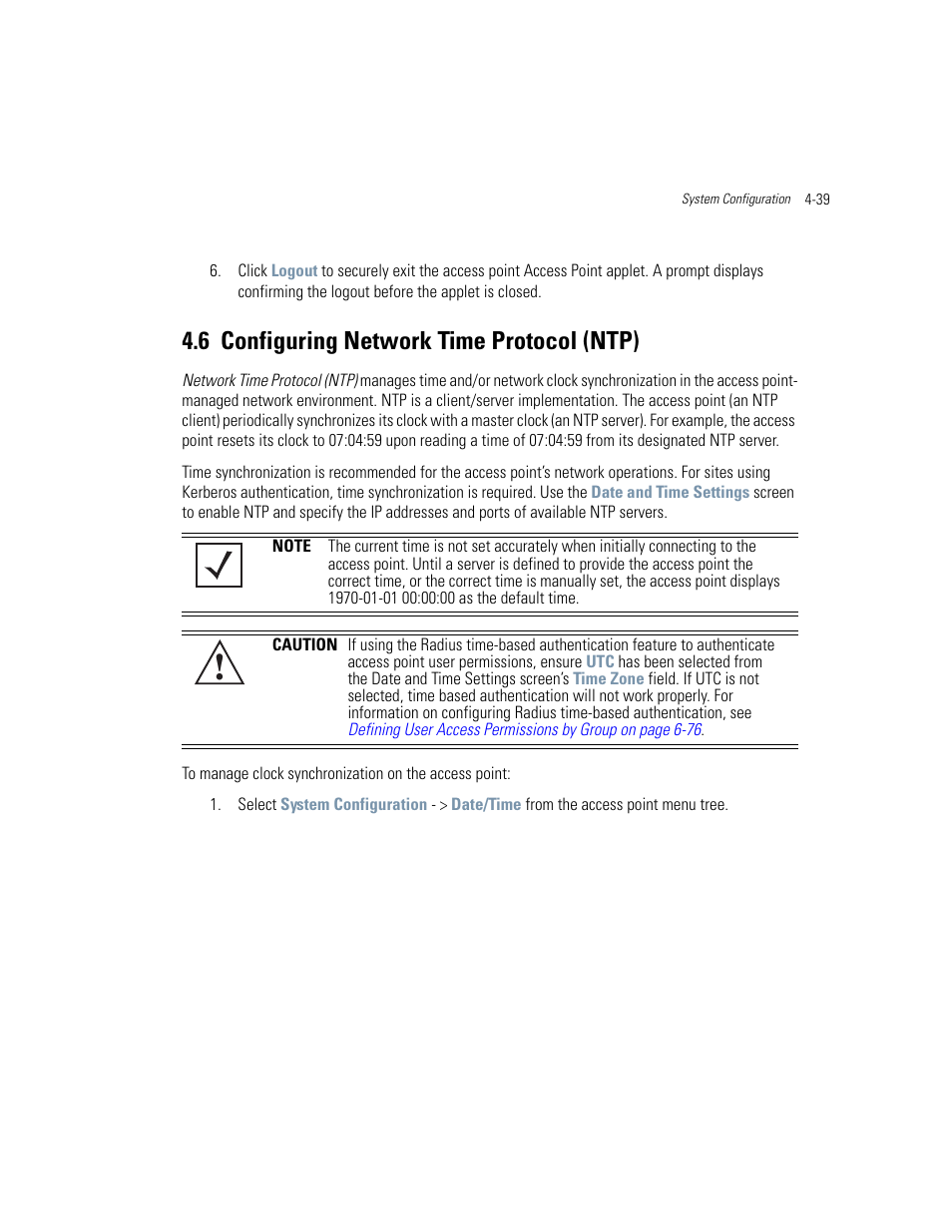 6 configuring network time protocol (ntp), Configuring network time protocol (ntp) -39, Configuring network time protocol (ntp) | Configuring network time protocol | Motorola AP-51XX User Manual | Page 131 / 698