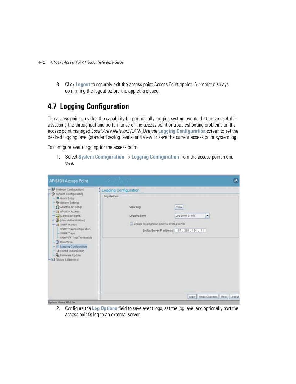 7 logging configuration, Logging configuration -42, Logging configuration | Motorola AP-51XX User Manual | Page 134 / 698