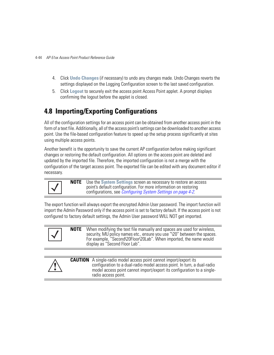 8 importing/exporting configurations, Importing/exporting configurations -44, Importing/exporting | Importing/exporting configurations, Keeping, see | Motorola AP-51XX User Manual | Page 136 / 698