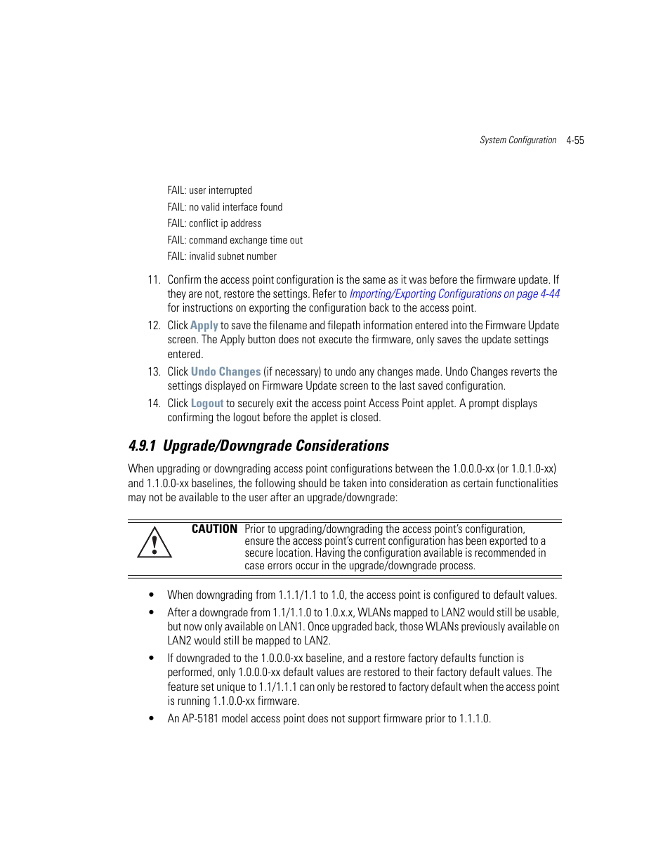 1 upgrade/downgrade considerations, Upgrade/downgrade considerations -55 | Motorola AP-51XX User Manual | Page 147 / 698