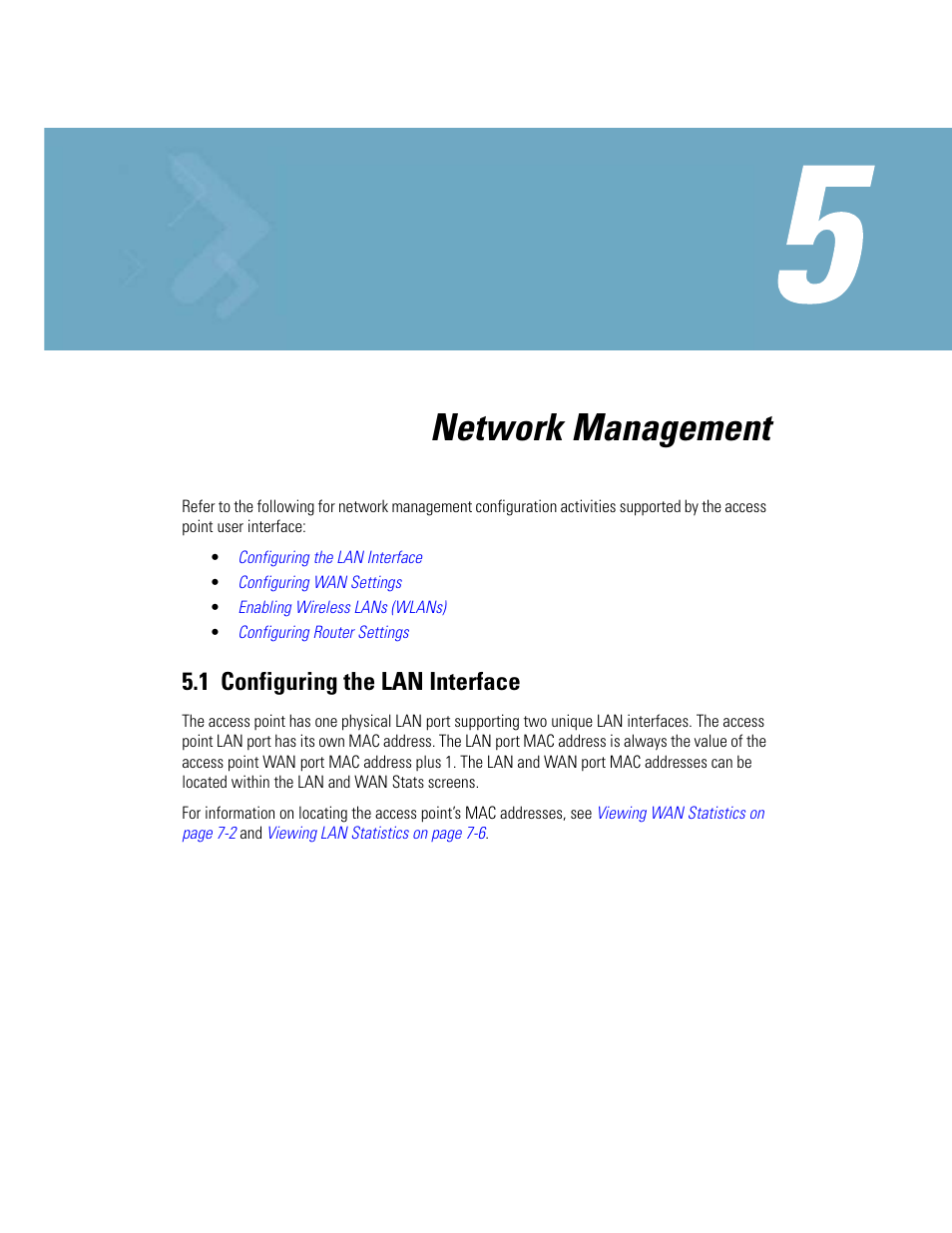 Chapter 5 network management, 1 configuring the lan interface, Chapter 5. network management | Configuring the lan interface -1, Configuring the lan, Network management | Motorola AP-51XX User Manual | Page 149 / 698