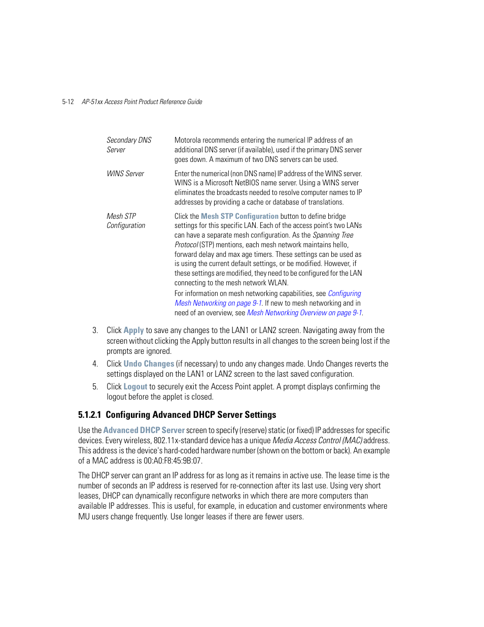 1 configuring advanced dhcp server settings, Configuring advanced dhcp server settings -12, Configuring advanced dhcp server | Motorola AP-51XX User Manual | Page 160 / 698