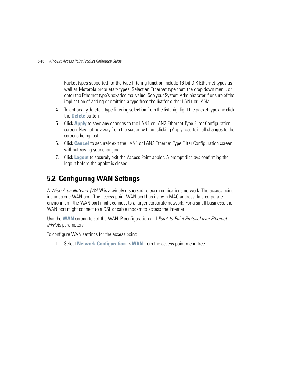 2 configuring wan settings, Configuring wan settings -16, Configuring wan settings | Motorola AP-51XX User Manual | Page 164 / 698