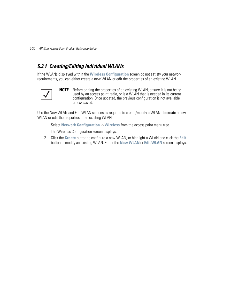 1 creating/editing individual wlans, Creating/editing individual wlans -30, Creating/editing individual | Creating/editing, Creating | Motorola AP-51XX User Manual | Page 178 / 698