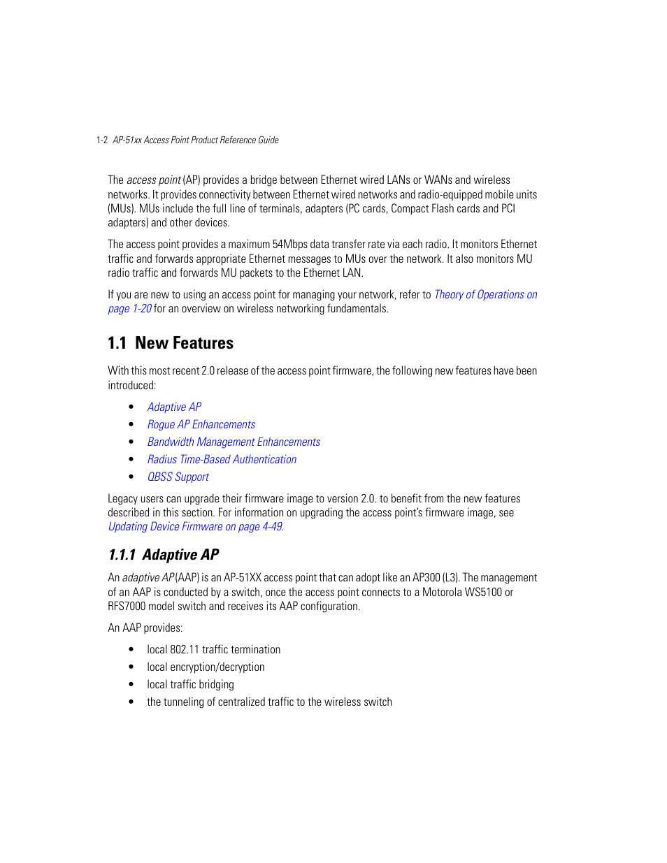 1 new features, 1 adaptive ap, New features -2 | Adaptive ap -2 | Motorola AP-51XX User Manual | Page 18 / 698