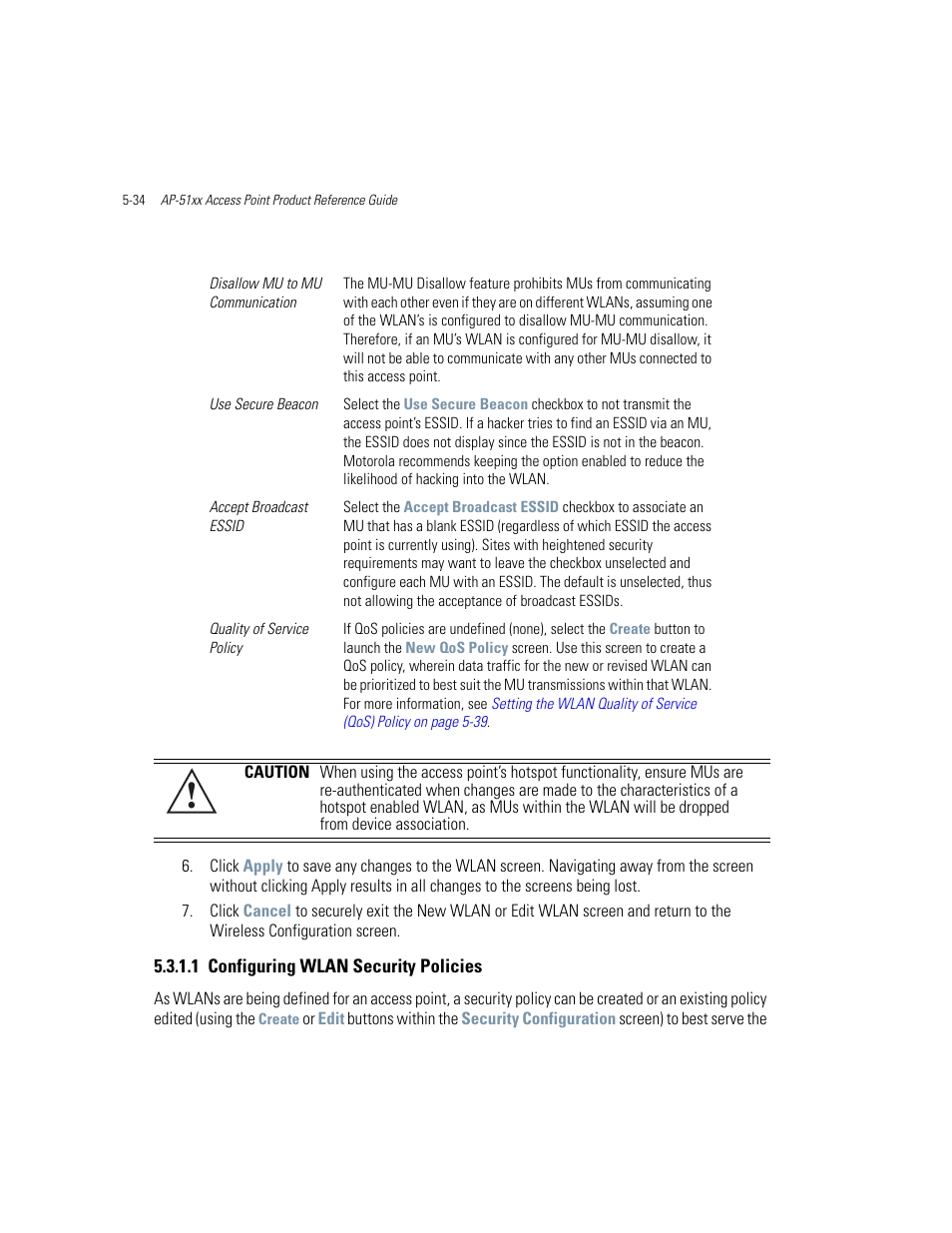 1 configuring wlan security policies, Configuring wlan security policies -34 | Motorola AP-51XX User Manual | Page 182 / 698