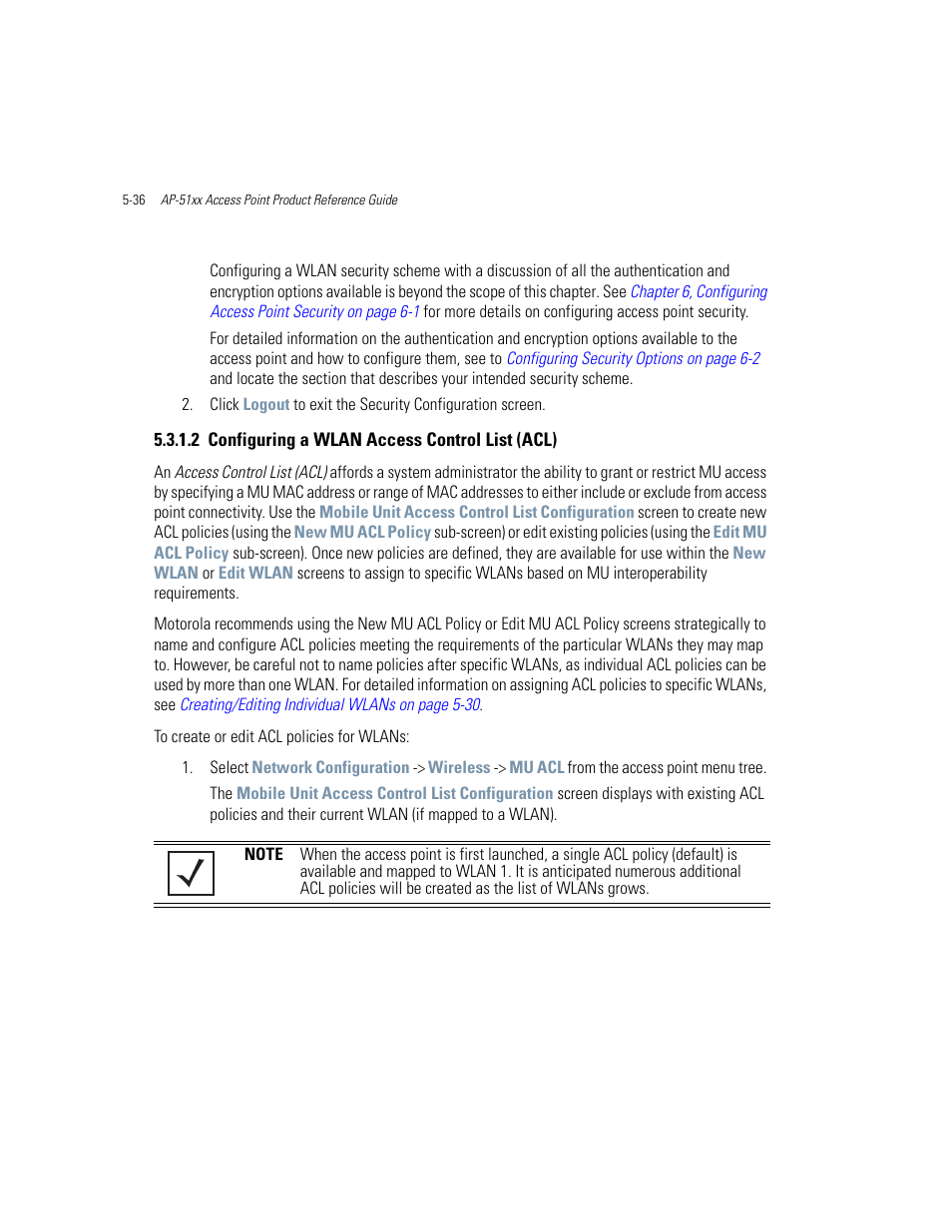 2 configuring a wlan access control list (acl), Configuring a wlan access control list (acl) -36, Configuring a wlan access control list (acl) on | Motorola AP-51XX User Manual | Page 184 / 698